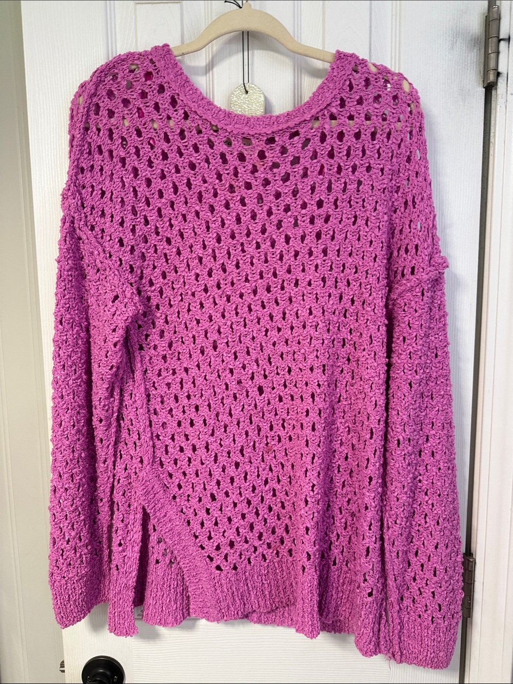 Open-Knit Crewneck Sweater in Vibrant Magenta